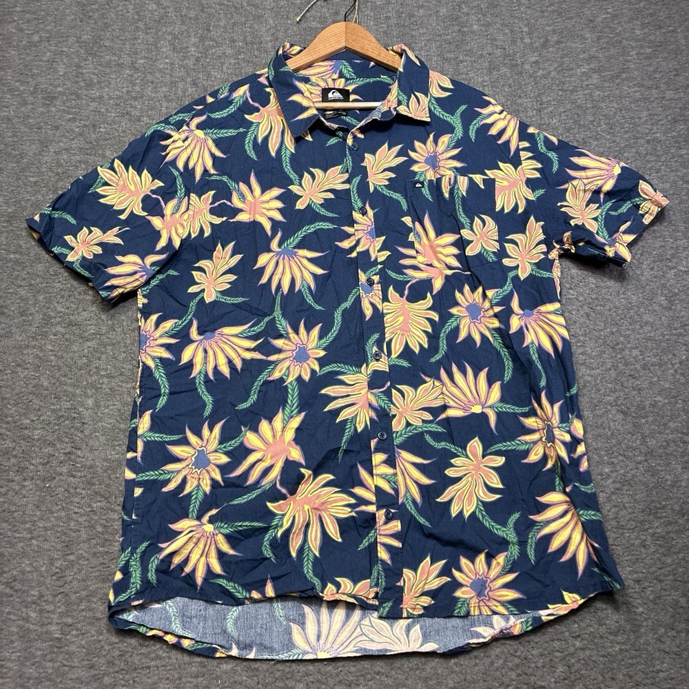 Quicksilver Hawaiian Shirt Men 2xl XXL Blue Floral Abstract Resort Beach Travel